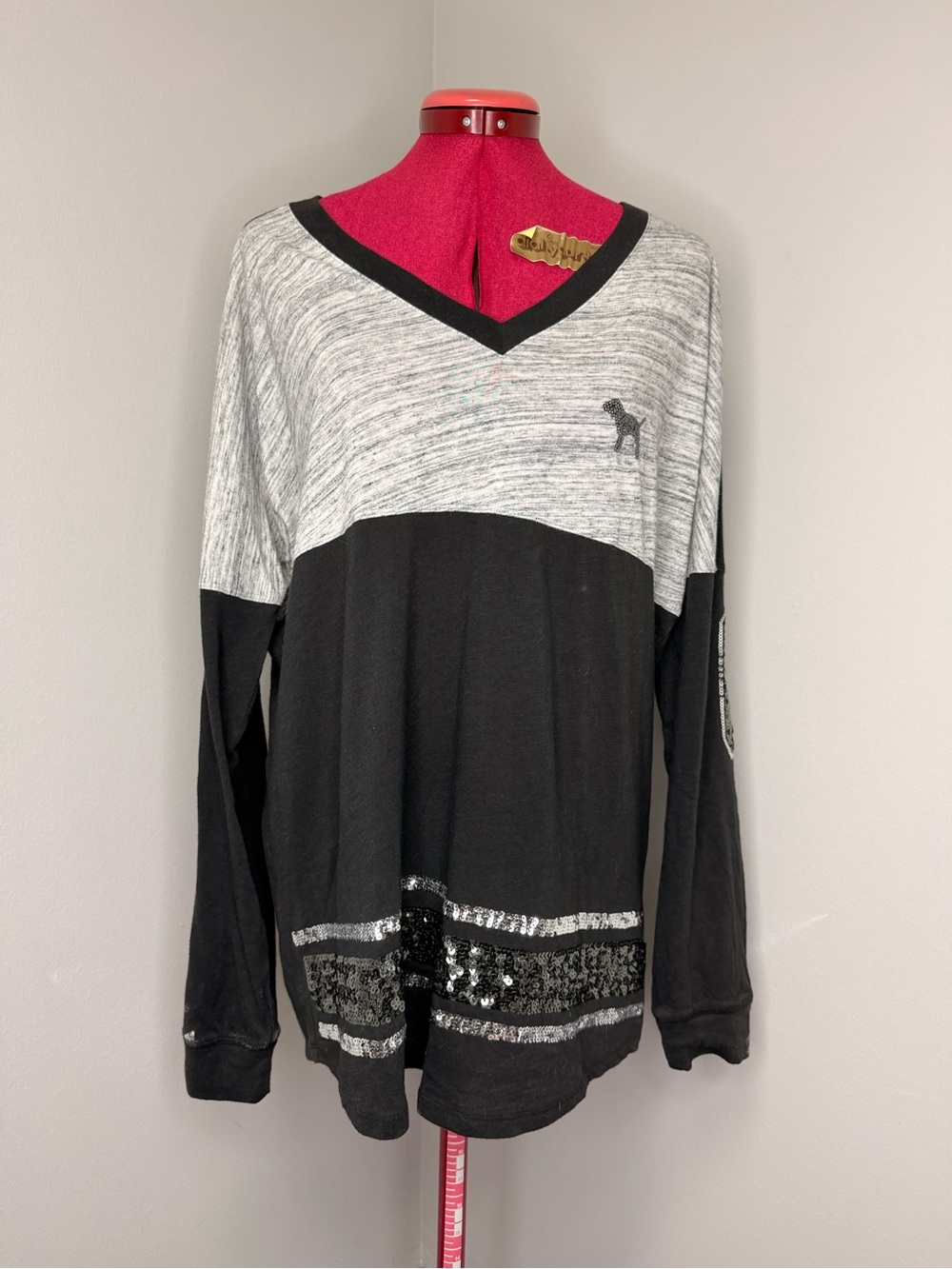 Victoria's Secret PINK Heather Gray and Black V-Neck Top